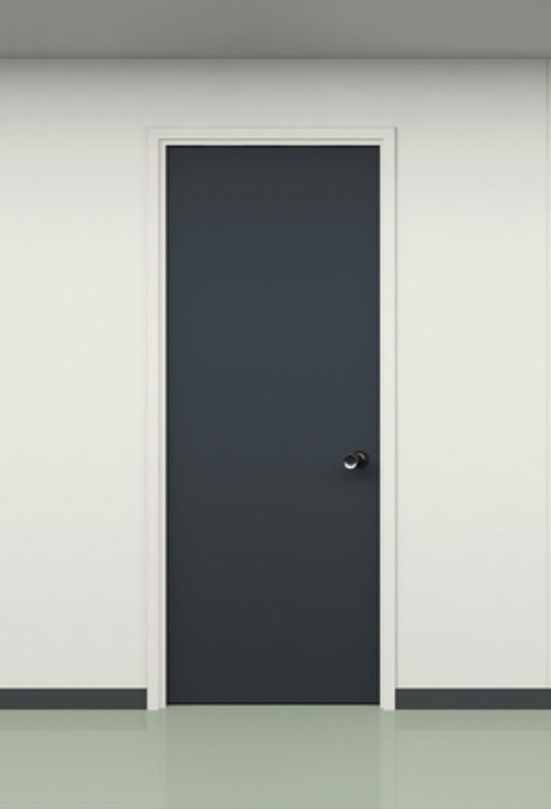 Two black and one red door in office corridor